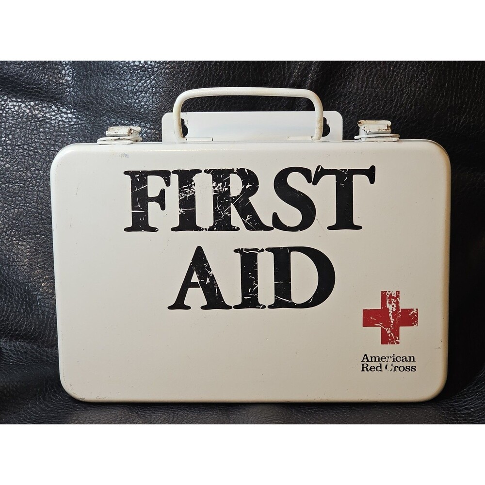 Vintage Metal American Red Cross First Aid Box - 16 Unit Industrial Medical Tin